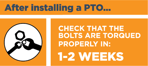 This graphic says to check that the bolts are torqued properly in one to two weeks after installing a PTO. 